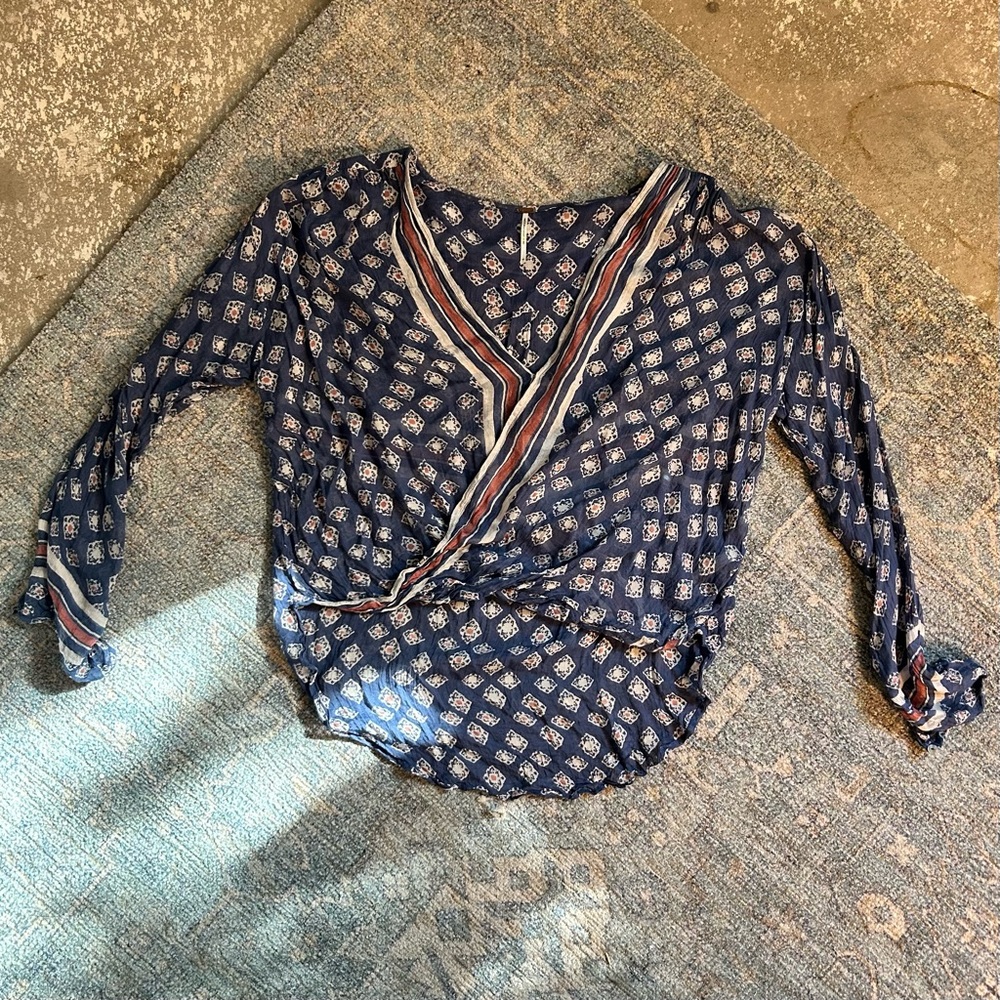 Free People Blue V-Neck Long Sleeve Wrap Blouse